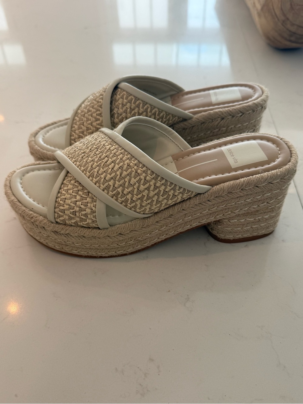 Dolce Vita Cream/Tan Woven Platform Slide Heels
